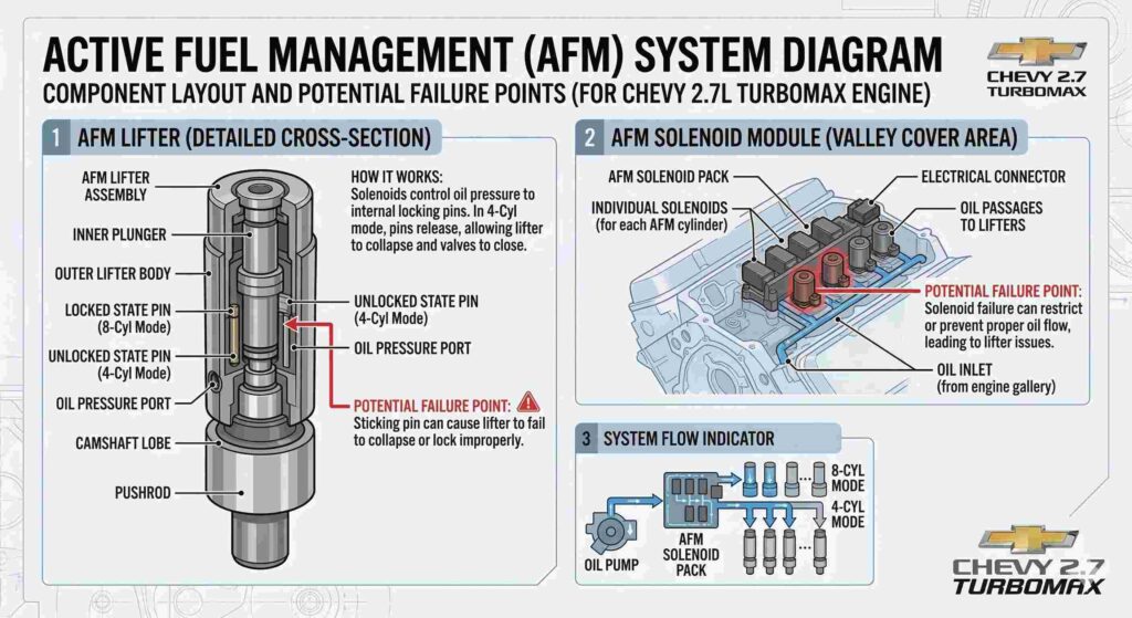 Diagram of Active Fuel Management lifters and solenoids that frequently cause Chevy 2.7 TurboMax reliability issues.