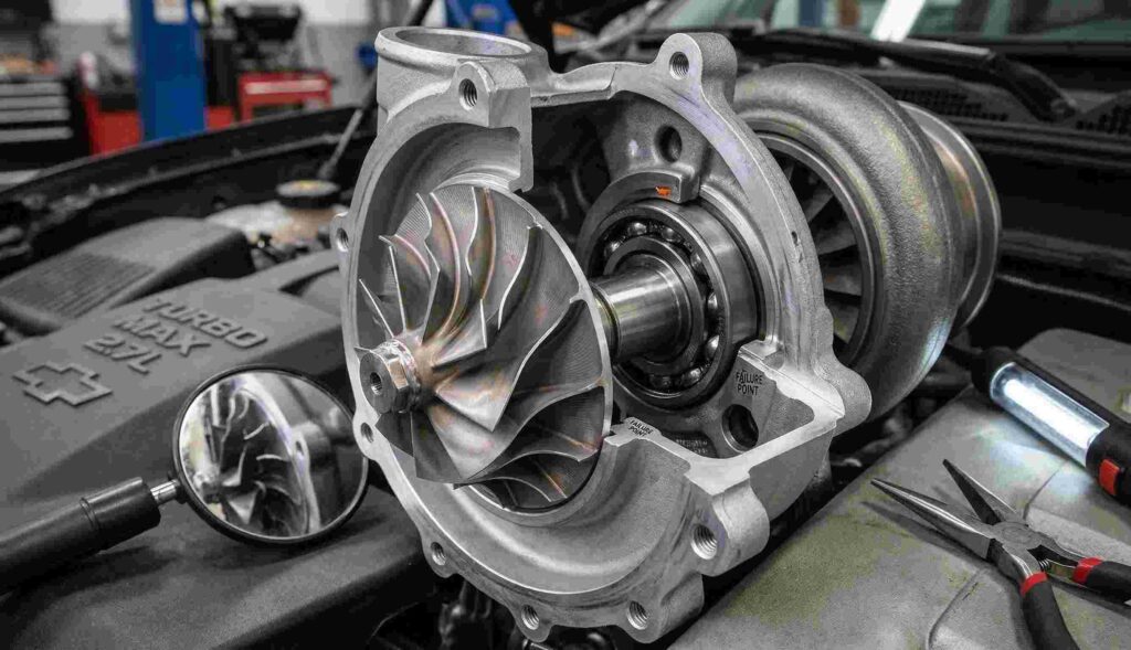 Internal view of a 2.7L turbocharger showing the impeller and bearings, a common failure point in Chevy Colorado and Silverado trucks.