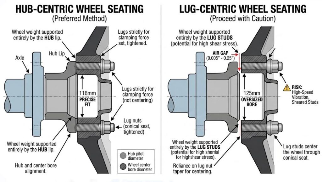 Cross-section diagram showing Hub-Centric vs Lug-Centric wheel seating